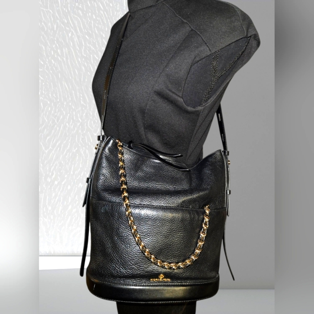 Michael Kors Black Leather Bucket Bag with Gold Chain